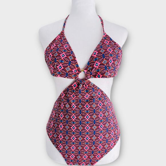 J. Crew O Ring Circle Side Cutout Waist One Piece Swimsuit Womens 4 Geo Print - Picture 2 of 12